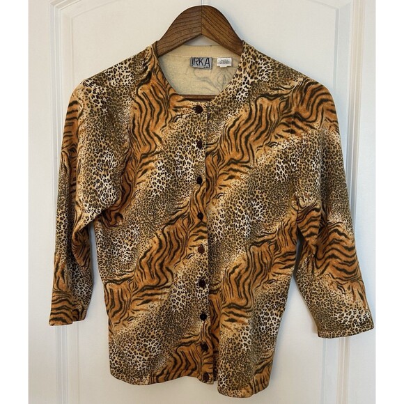 Sweaters - Vintage IRKA Womens Cardigan Medium Silk Blend Knit Animal Print Leopard Cheetah